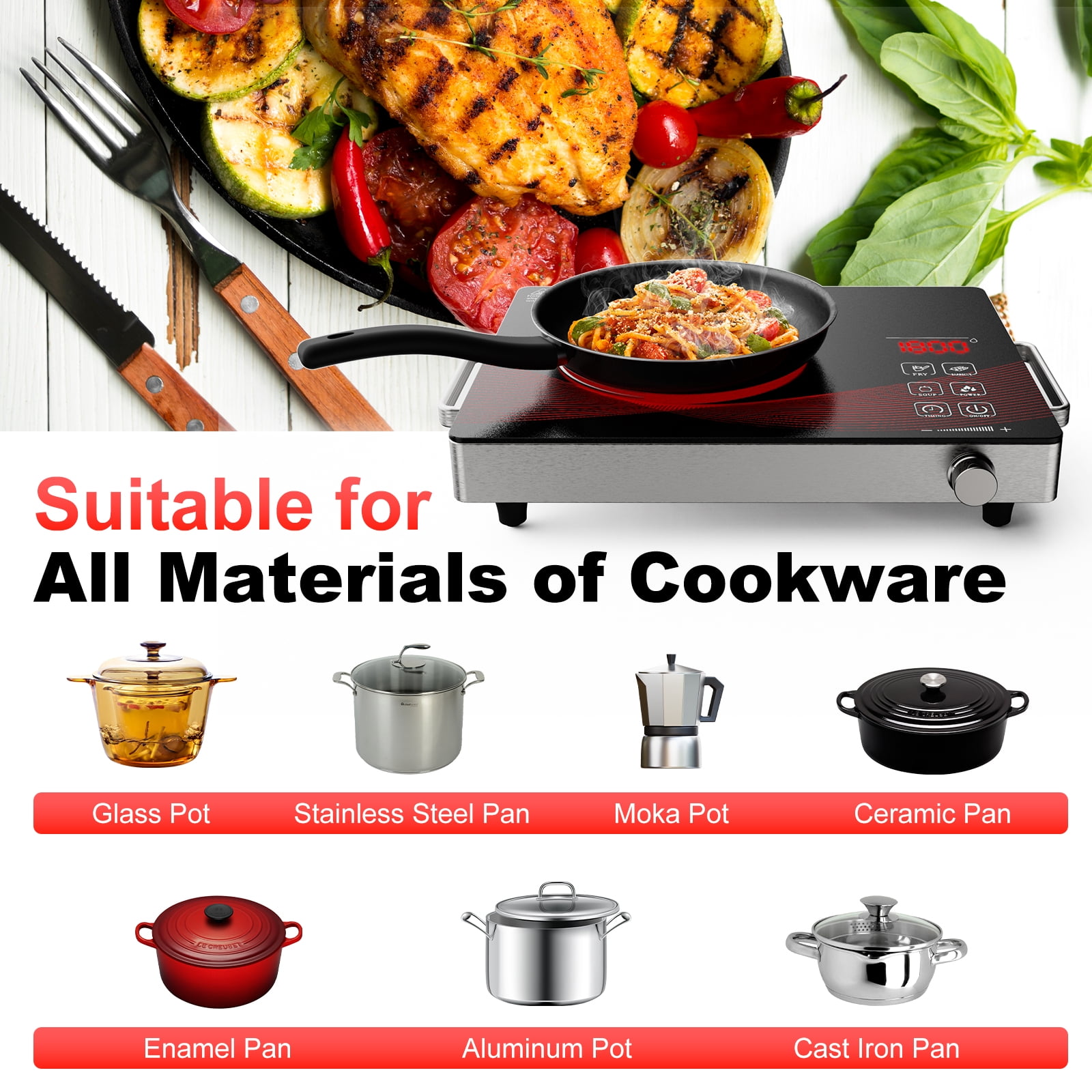Graceall 1800W Infrared Hot Plate for Cooking, Portable Single Burner Electric Stove, Compact Ceramic Cocinas Electricas de Mesa with Timer, Adjustable Power, and Safety Protection for Home & Outdoor