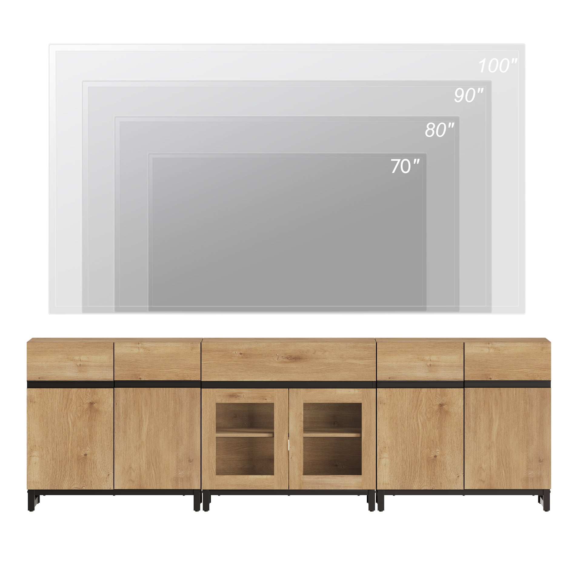 WAMPAT 3-in-1 Modern Entertainment Center TV Stand for TVs up to 100 Inch, with Metal Base & 2 Adjustable Shelves, Living Room TV Console, Oak
