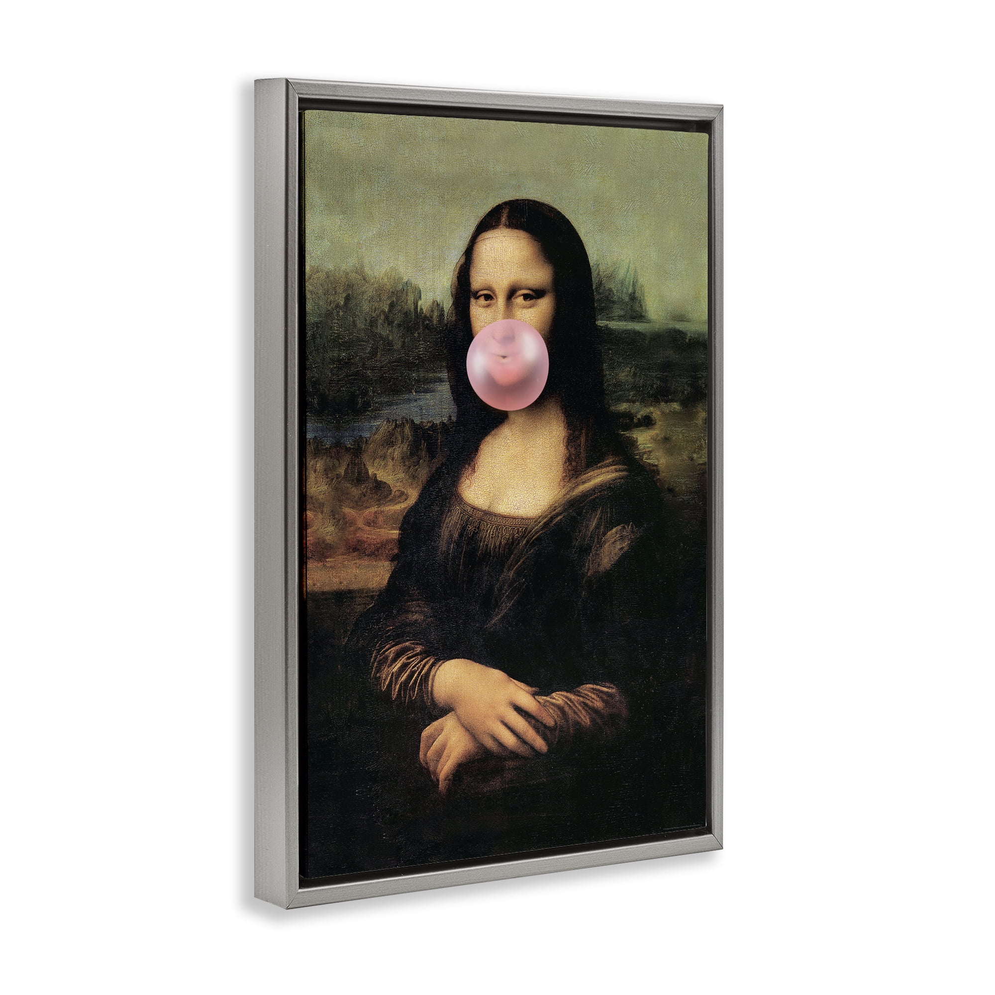 Stupell Industries Mona Lisa & Bubblegum Novelty & Humor Painting Gray Floater Framed Canvas Art Print Wall Art, 21 x 31