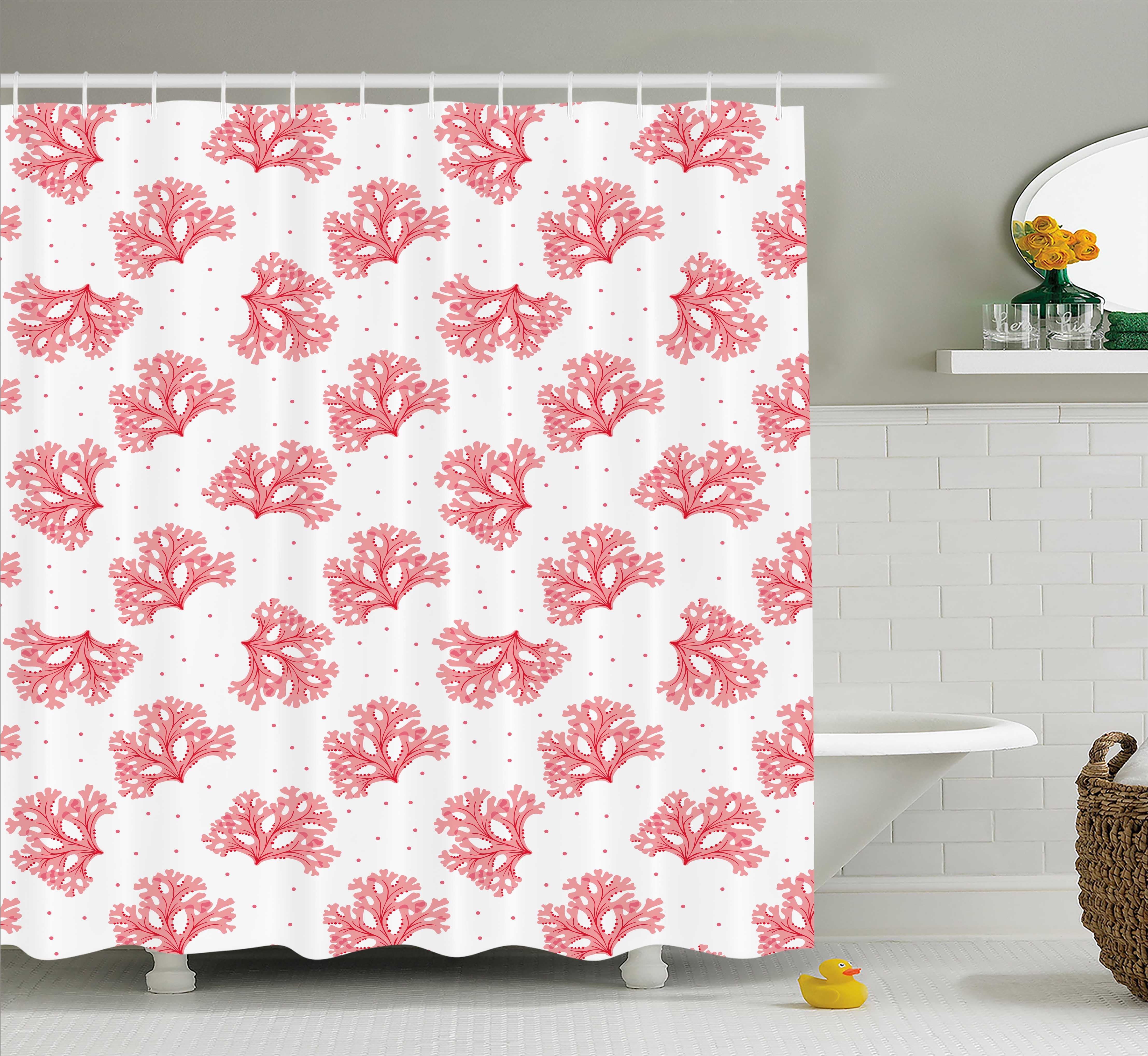 Coral Shower Curtain, Underwater Theme Seaweeds and Dots Algae Tropical