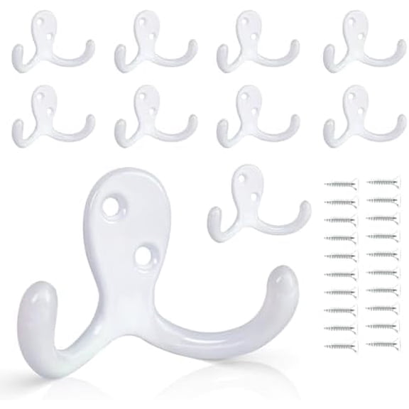 10 Pack Coat Hooks Wall Hooks for Hanging, Heavy Duty Double Prong Metal Hook Wall Mounted for Living Room, Bathroom, Kitchen, Bedroom for Coat, Bag, Scarf, Towel, Hat, Key, Cup (White)