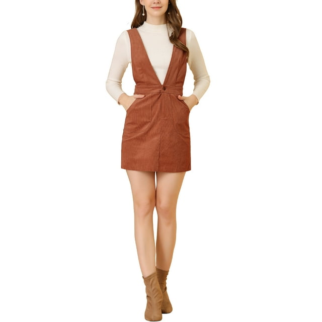 INSPIRE CHIC Robe Mini Tablier en Velours Côtelé pour Femmes, Col en V, avec Poches, Rouge Brique