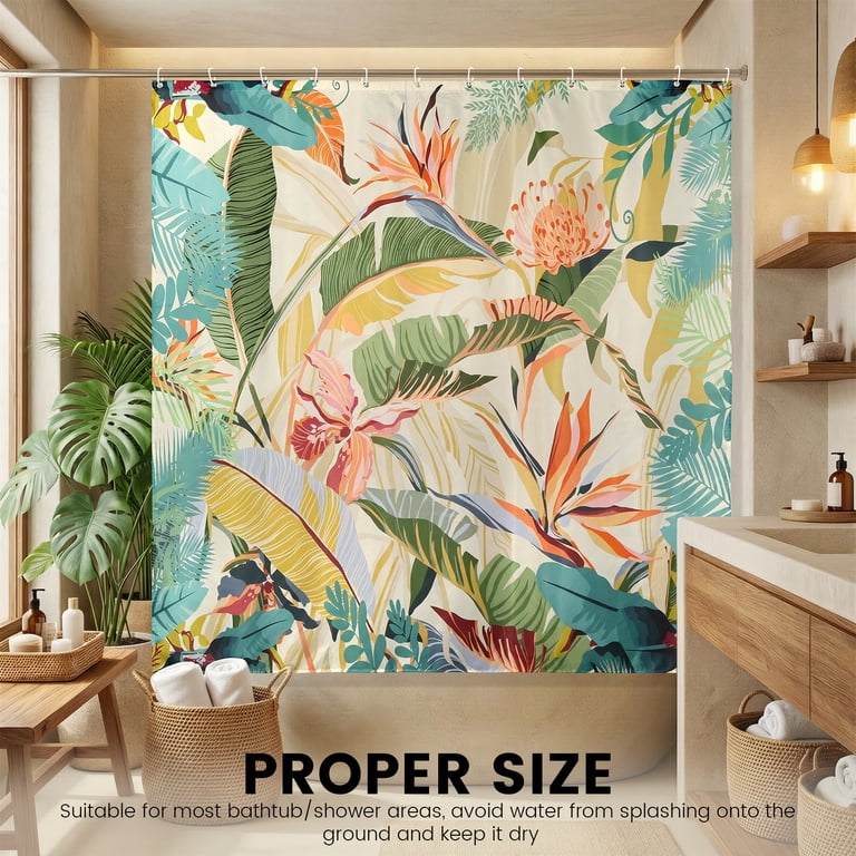 Tropical Leaf Shower Curtain with Palm and Monstera Print photo 4