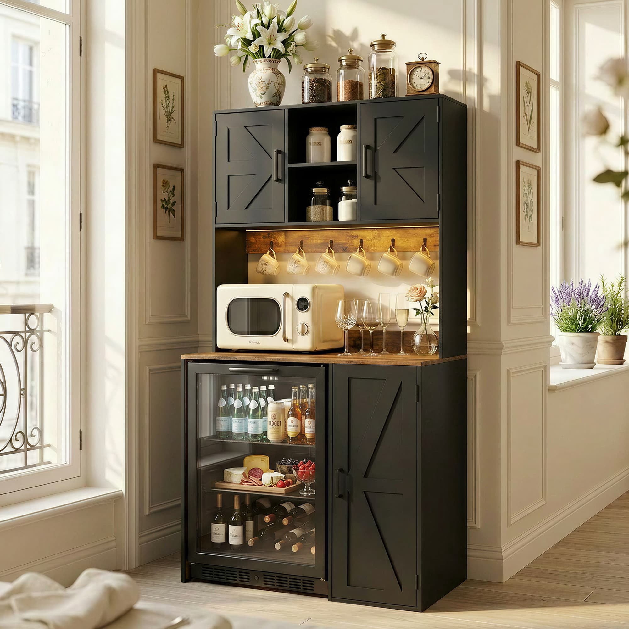 Aheaplus Multifunctional Mini Fridge Cabinet: Coffee Bar, Wine Stand & Beverage Station with Outlet, LED Light & Microwave Shelf, for Kitchen, Dorm, Office,Black