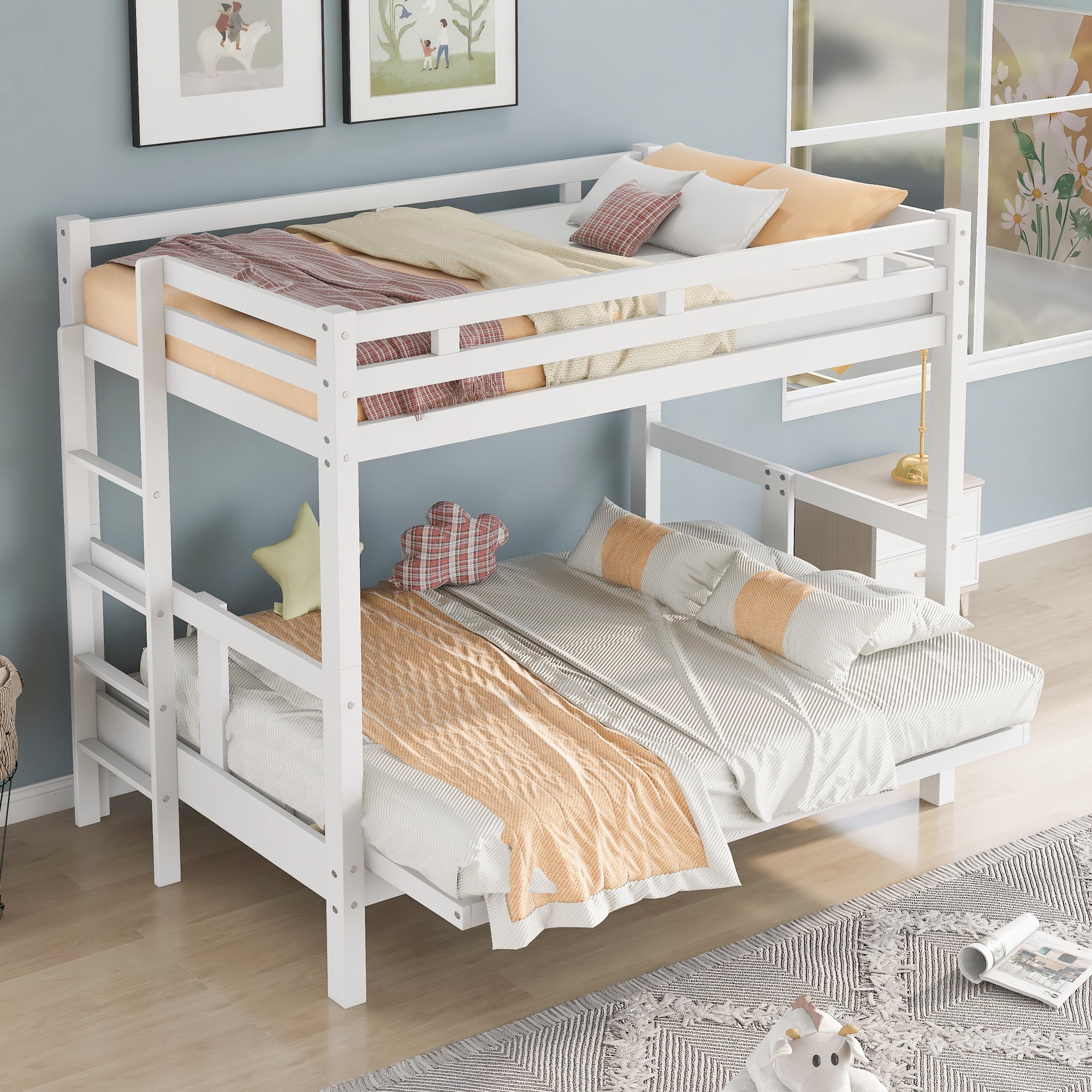 Aukfa Twin over Twin/Full Bunk Bed, Wood Futon Bunk Bed, Convertible