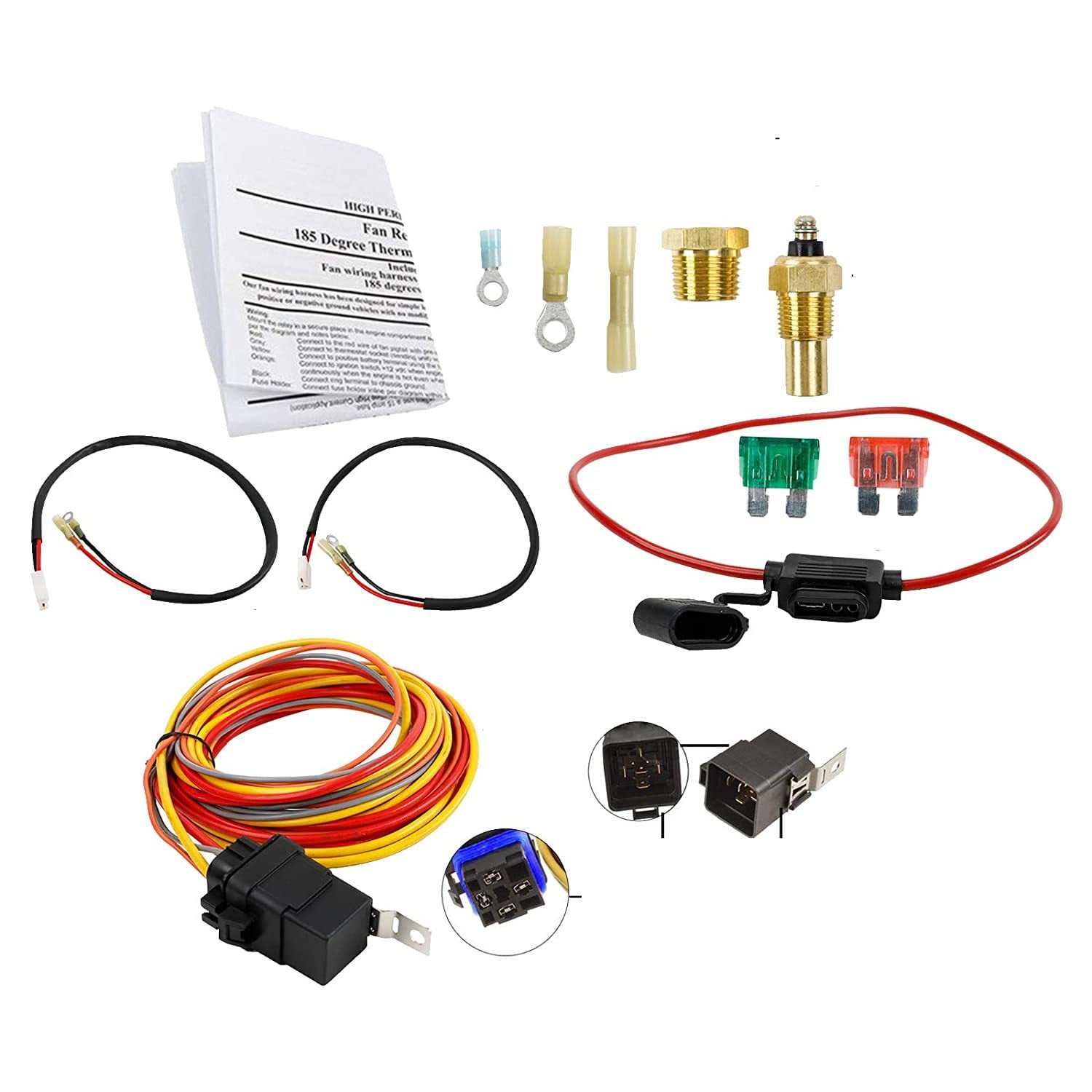 Dual Electric Cooling Fan Wiring Install Kit 185 Degree On 165 Off Engine Fan  Thermostat Temperature Switch 40/50 AMP Relay Kit, Works for: 2... 