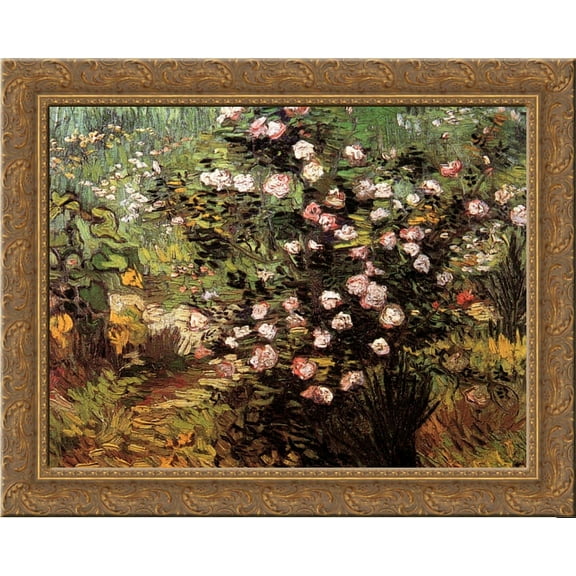 Rosebush in Blossom 24x20 Gold Ornate Wood Framed Canvas Art by Vincent van Gogh