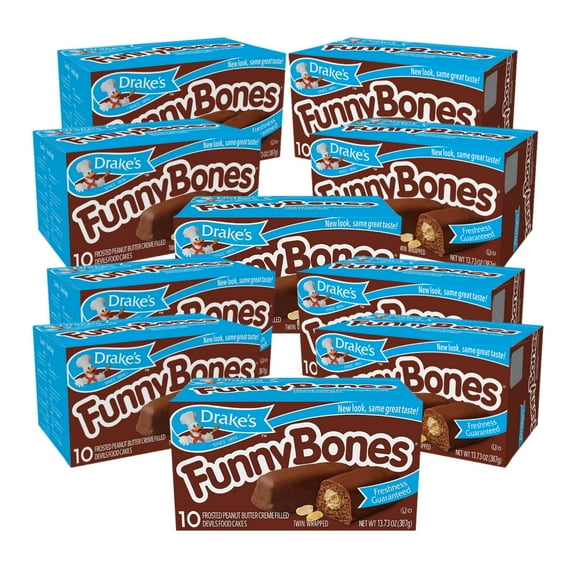 Drakes Funny Bones Snack Cakes, 10 cakes per box, 13.73oz of Funny Bones Peanut Butter Filled Devil's Cakes (10-Boxes)