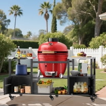 YIYADO Outdoor BBQ Table for Big Green Egg Style BBQ, Metal BBQ Cart with Storage Box, Black