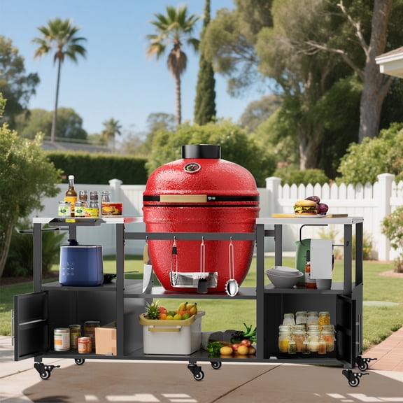 YIYADO Outdoor BBQ Table for Big Green Egg Style BBQ, Metal BBQ Cart with Storage Box, Black