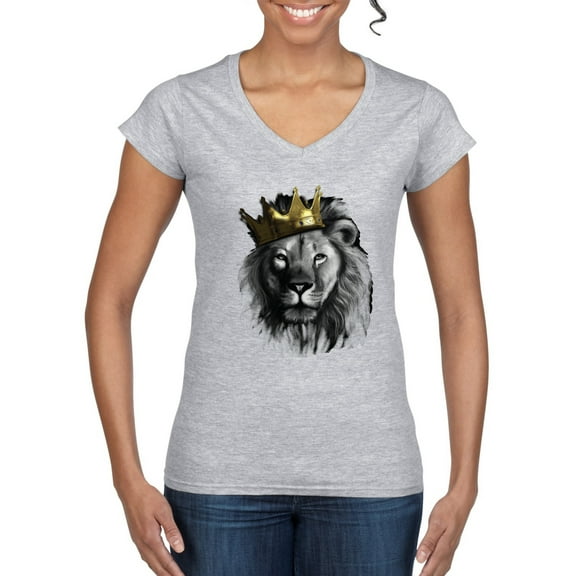Wild Bobby, King Lion with Gold Crown Art, Animal Lover, Women Standard V-Neck Tee, Heather Grey, X-Large