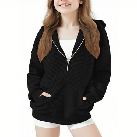 IVEYRTF Boys Girls Zip Up Hoodie Casual Jacket Long Sleeve Top with Pockets Full Zip Front Closure Kids Sweatshirt for Daily Wear School Travel Cold Weather(Black 12-13 Years)