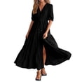 thumbnail image 2 of Kcodviy Robes d'Été pour Femmes Robe Maxi Courte Longueur Petite Manches Col en V Bouton Portefeuille Robe d'Été à Cordon Robes Maxi Unies Robes d'Été pour Femmes Couleur Boho Longues Robes, 2 of 8