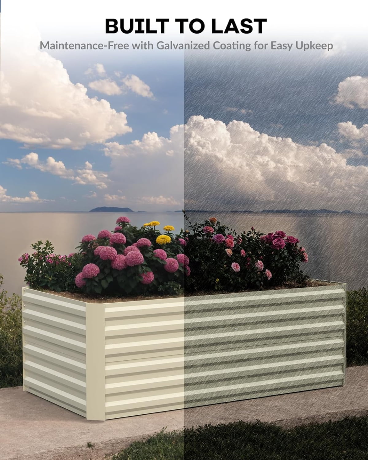 EuKer Outdoor Rectangular Planter, 6x3x2ft Metal Raised Garden Bed for Vegetables, Herbs, Flowers, Beige