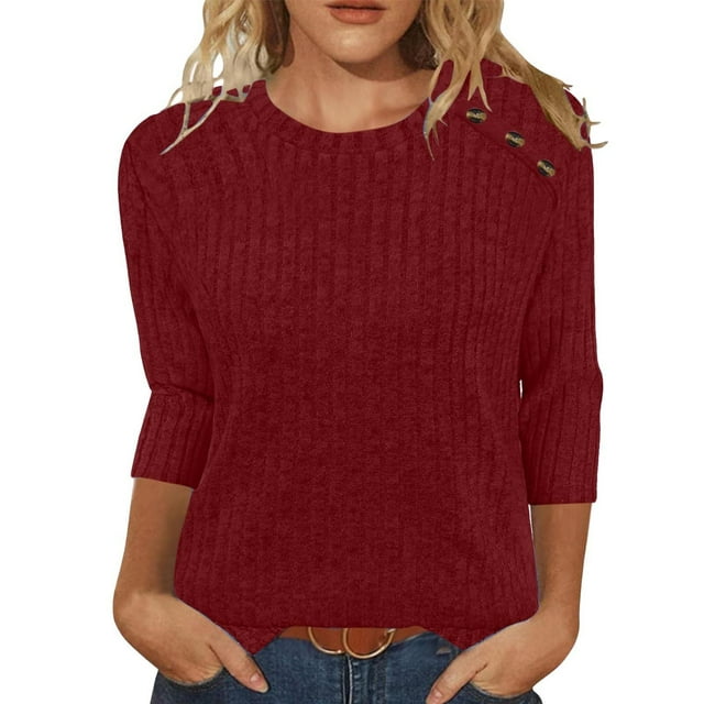 Pincandy Chandails pour Femmes Mode d'Automne Hauts à Manches 3/4 Col Ras du Cou Chemises à Boutons Chandail Décontracté Mignon Vêtements d'Hiver