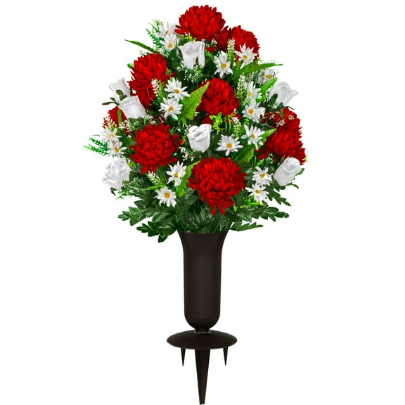Sympathy Silks Artificial Cemetery Flowers - Red Mum and White Rose - Bouquet with Vase