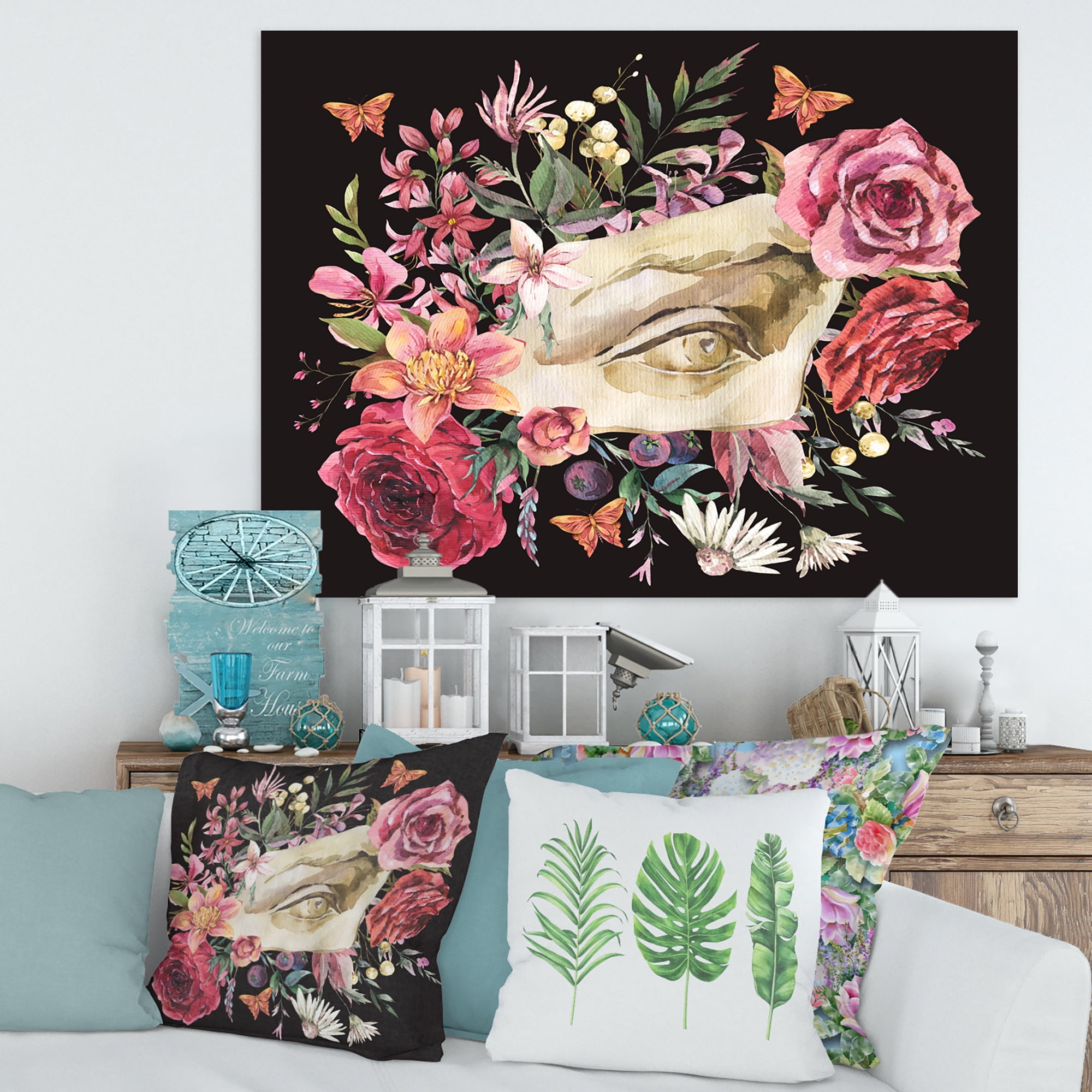 Designart ' Dried Wildflowers With Greek Sculpture David Eye ' Farmhouse Canvas Wall Art Print