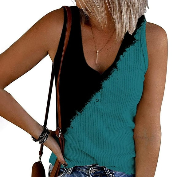 S-5XL Plus Size Tank Tops for Women Sexy Printed Sleevesless V Neck Button Top Tank Blouse Casual Loose Comfy Tee Blouse Tank Tops