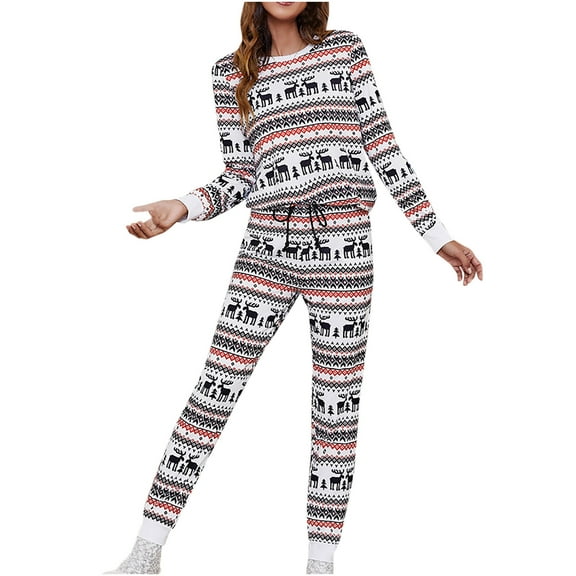 Womens Matching Christmas Pajamas Sets Long Sleeve Crewneck Tops Pullover Loose Long Pants PJs Sets Loungewear Sleepwear