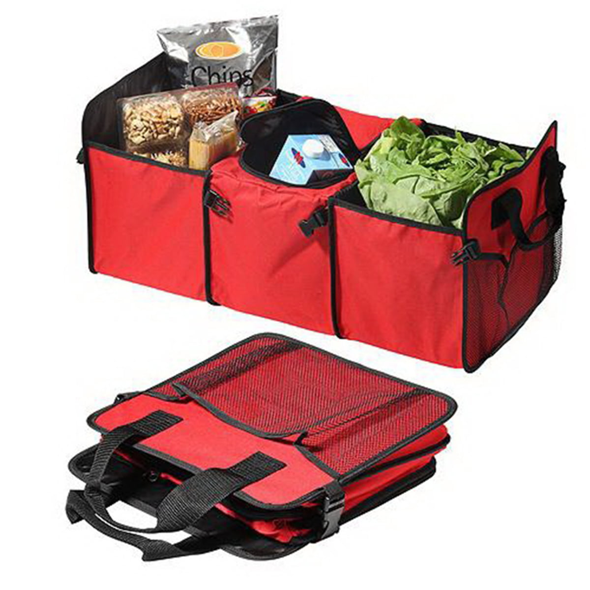 Foldable Cargo Storage Bag Portable Insulation Cooler Bag Collapsible Vehicle Organizer Divider Storage Totes with 3 or 4 Compartments Cargo Tote for Groceries Caddy SUV Trunk Organizer 