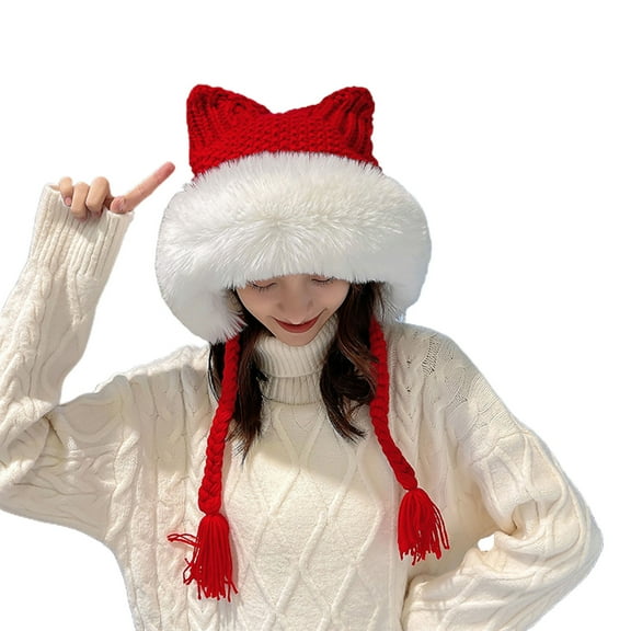 Women Fluffy Knit Beanie Hat, Winter Plush Warm Knit Cat Ear Skull Cap Outdoor Ear Cover