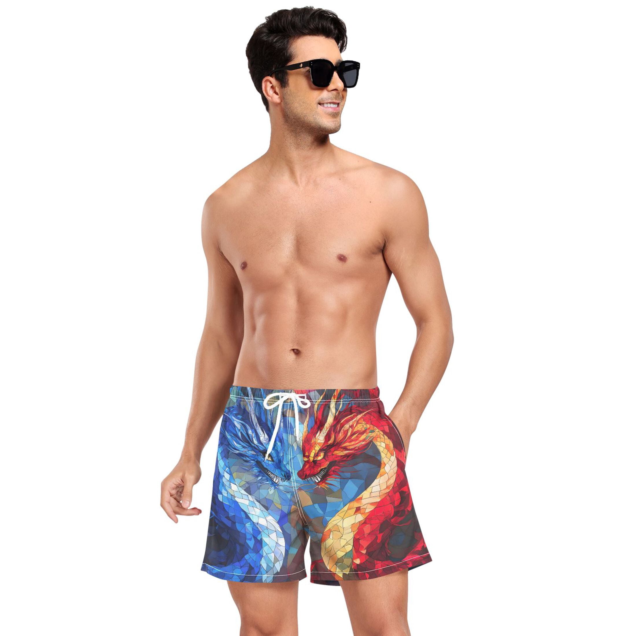 joogoo Men's Cool Art Dragons Swim Trunks with Liner Pocket Beach Shorts X-Large