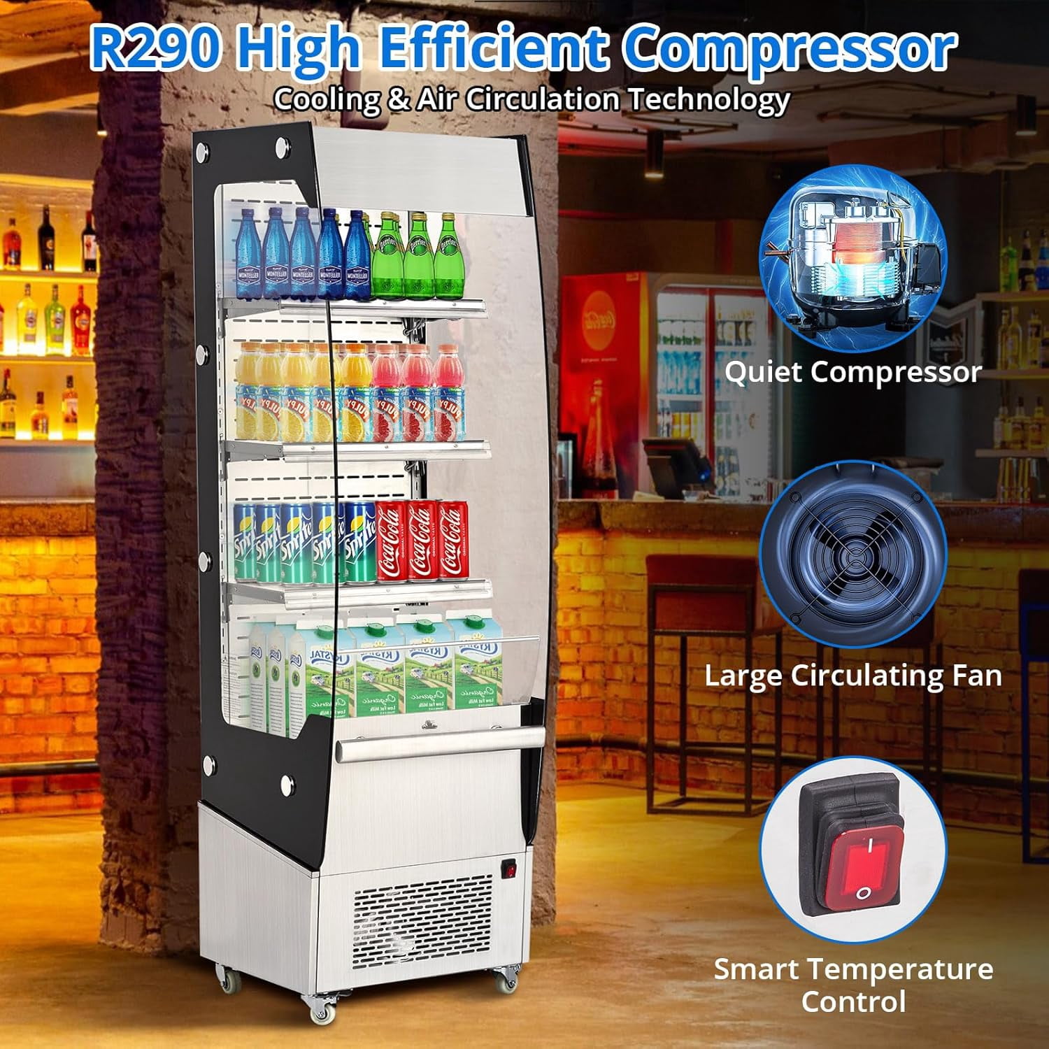 Homhougo Commercial Cake Display Refrigerator Glass Door Display Refrigerator, 7.8 cu. ft. Open Merchandise Display Cabinet, Double Glazing with Interior LED Lighting,Floor Top Refrigerator, 110 Volt