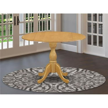 Dublin Round Mid Century Table with Drops Leave Oak Table Top Surface & Asian Wood Kitchen Pedestal Legs