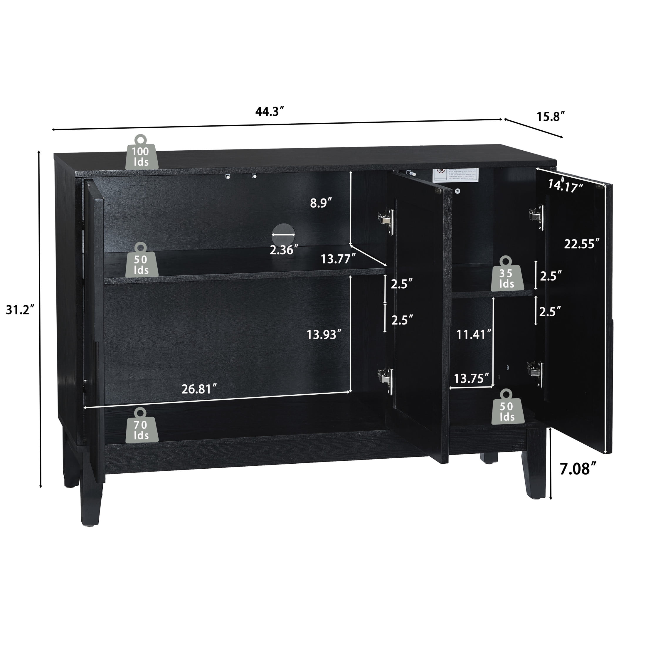 GDF Studio 44.3" Mid Century Modern Sideboard Buffet Cabinet with Storage, 3 Doors, Adjustable Shelves, Black