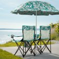 thumbnail image 6 of 2-Seat Folding Chair with Removable Sun Umbrella, Portable Camping Chair with Storage Pocket and Cup Holders, Outdoor Beach Chair for Beach, Patio, Park, Pineapple Pattern, 6 of 9