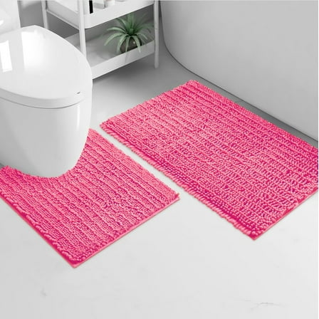 2 Piece Set Hot Pink Soft Cozy Plush Chenille Bath Mat Bathroom Rug