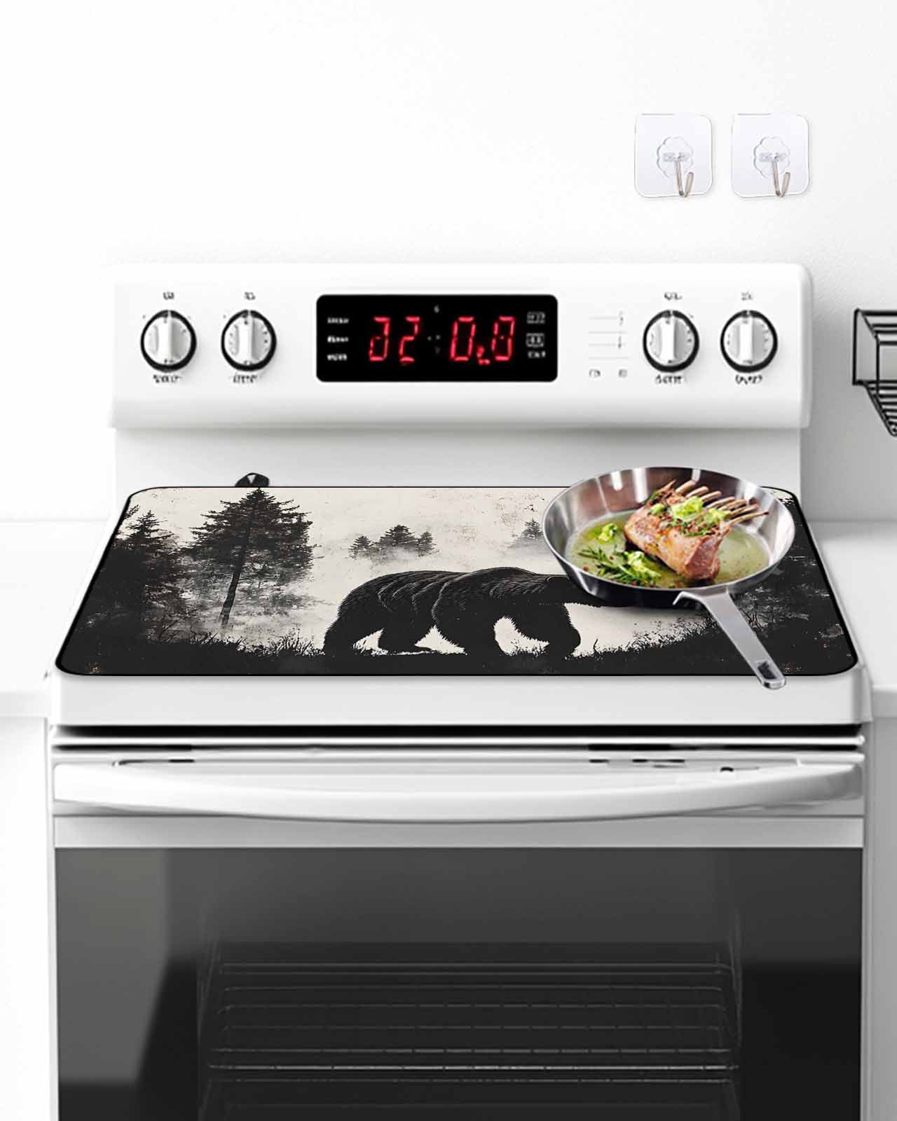 Brown Bear Forest Silhouette Stove Top Covers for Electric Stove, 28'x20'' Vintage Animal Tree Glass Ceramic Stove Cover Foldable Rubber Mat Heat Resistant Cooktop Protector for Kitchen
