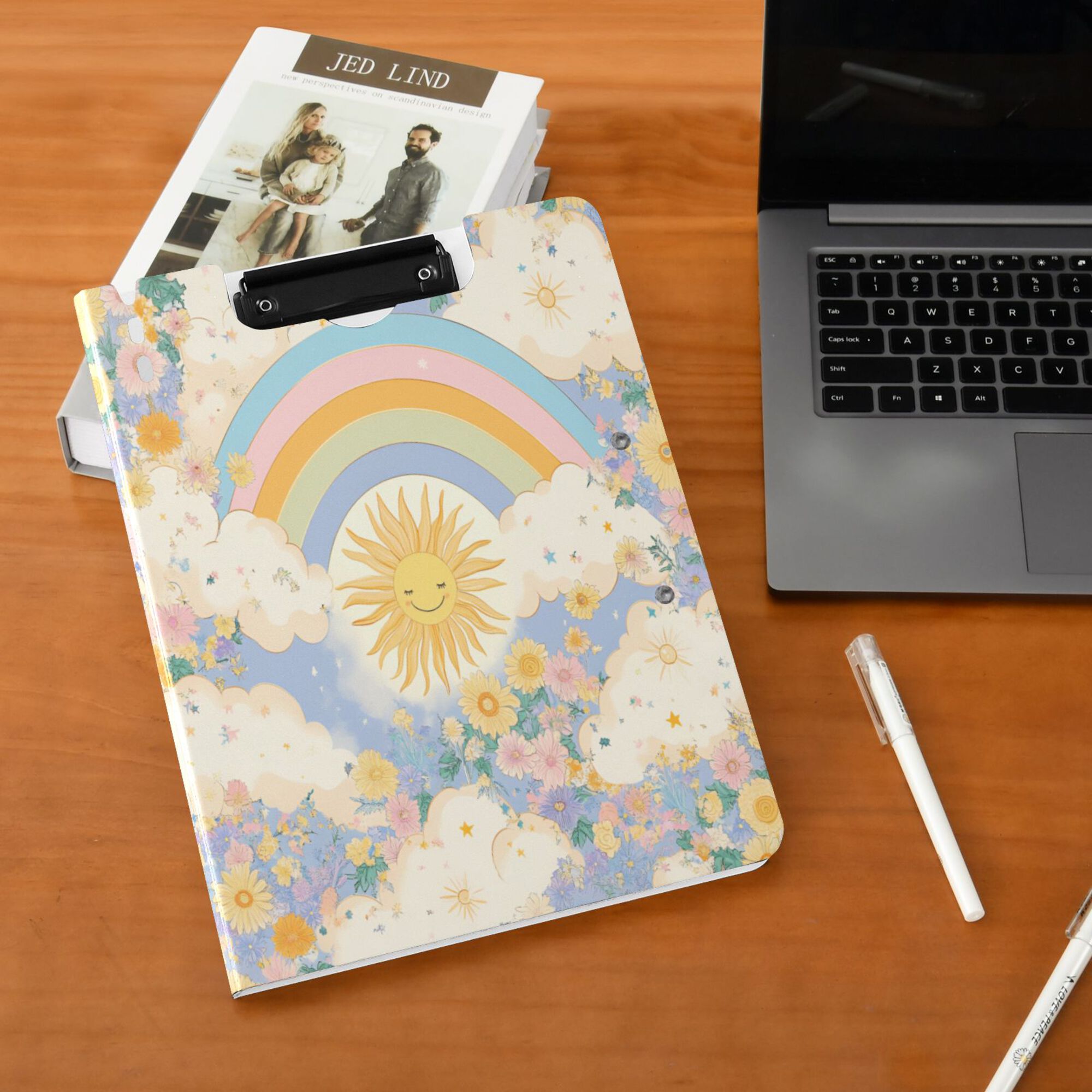 FORMRS A4 Clipboard Folder with Pen Holder Horizontal Foldable School Office Binder, Purple Rainbow Clouds