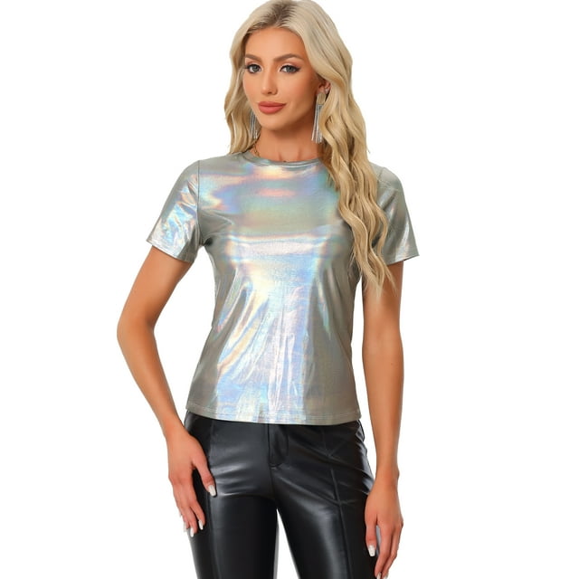 INSPIRE CHIC Women's Party Metallic Textured Short Sleeve Shiny Multi Color Top