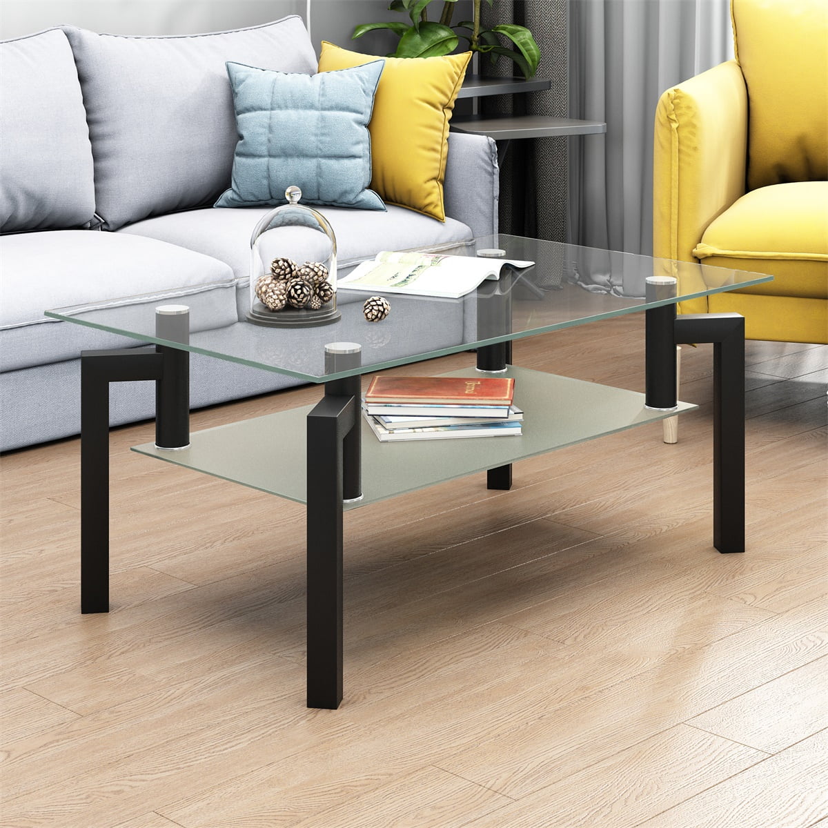 Glass Coffee Table, Rectangle Clear Coffee Table, Modern Side Center Tables for Living Room