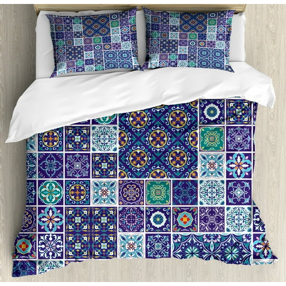 Ethnic Duvet Cover Set, Traditional Mosaic Azulejo Portuguese Cultural Ceramic Tiles Folk Design, Decorative 3 Piece Bedding Set with 2 Pillow Shams, Queen Size, Teal Indigo Navy Blue, by Ambesonne