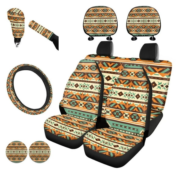 Garronmavis Ethnic Aztec Tribal Stylish 11 Pieces Car Seat Cover Full Set with Auto Steering Wheel Cover/Bottle Holder Pad/Cars Headrest Protector/Gear Shift Knob & Handbrake Cover Fit Most Vehicle