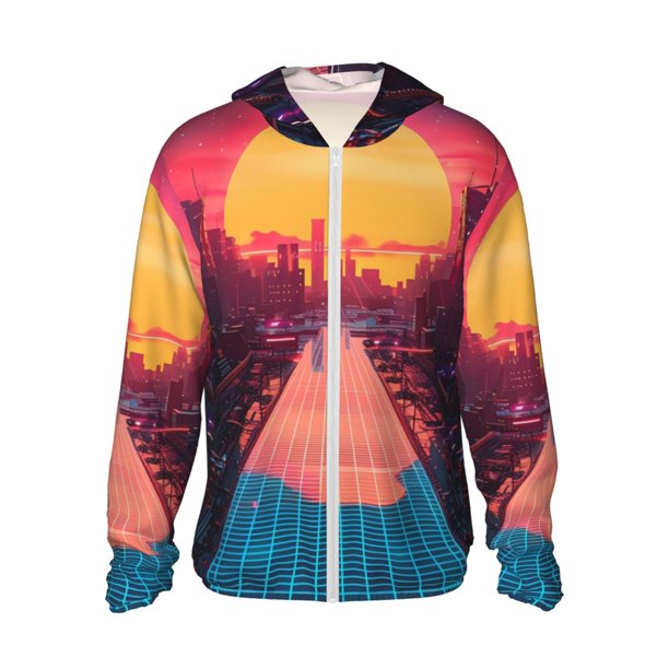 Fotbe Neon Sunset Cyberpunk Cityscape Chaqueta con Protección Solar UPF 50+ para Hombre y Mujer, Camisa con Capucha y Bolsillos-Medium