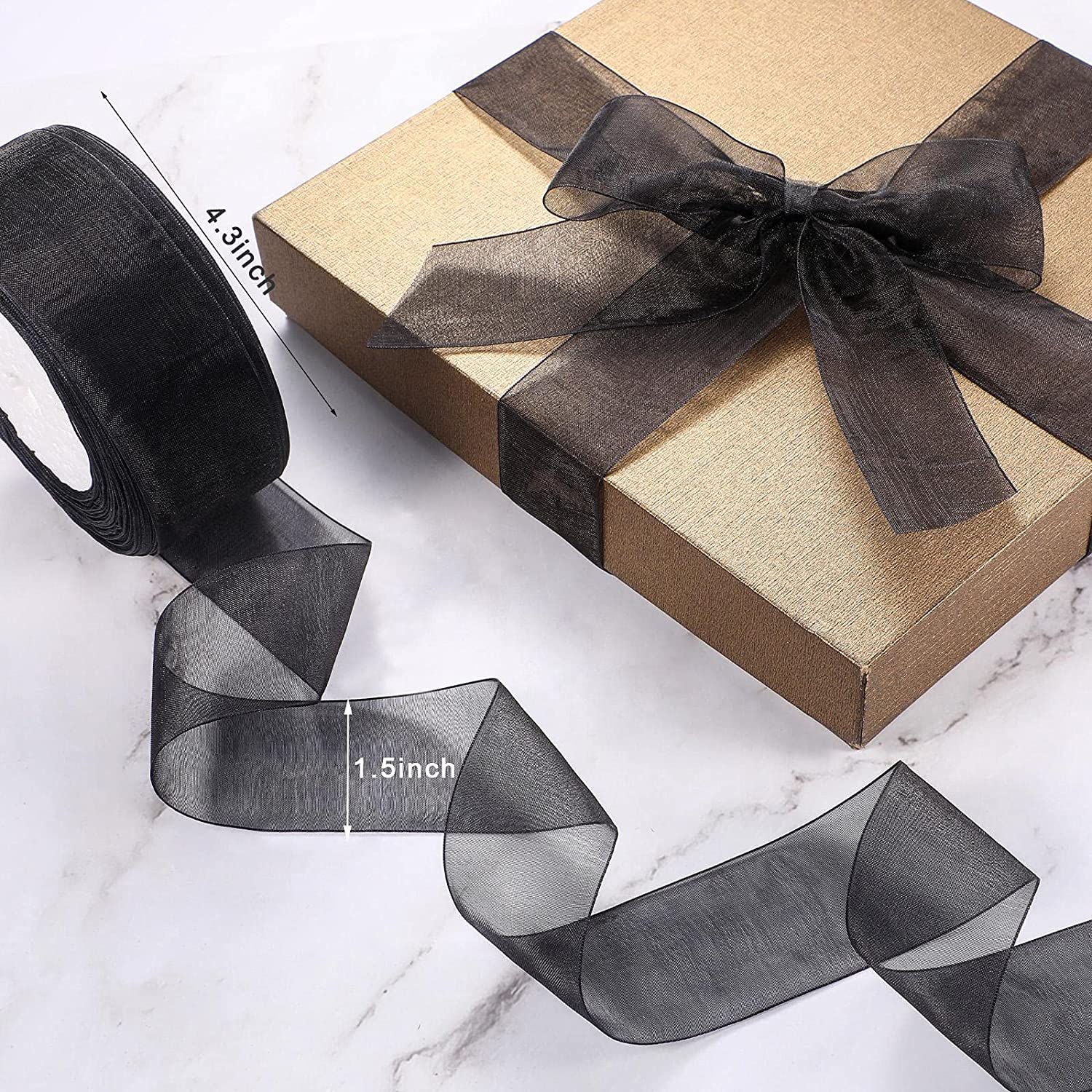 Sheer Organza Ribbon for Gift Wrapping Chiffon Tulle Mesh Ribbon Clear Weeding Christmas Tree Decor DIY Crafts(1.6 Inch Wide 49 Yard Long,Black)