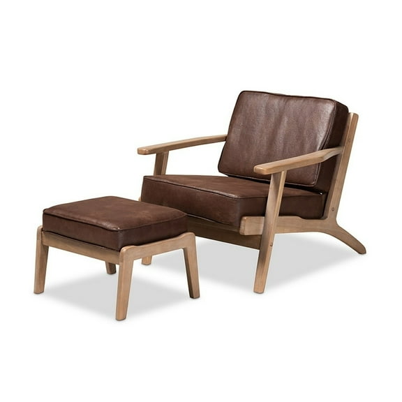 Dark Brown Faux Leather Effect Fabric Upholstered Antique 2-Piece Wood Armchair and Ottoman Set