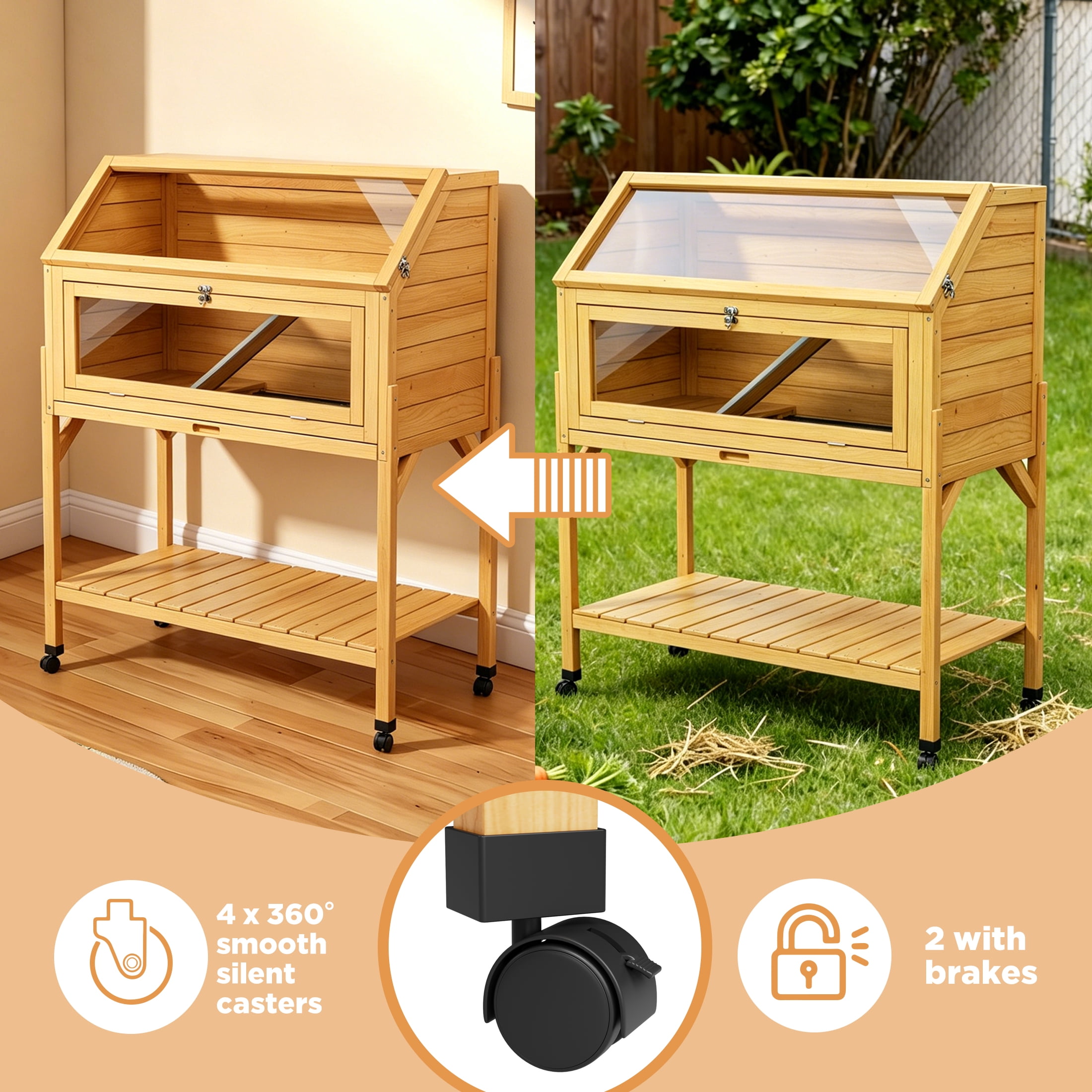 Chew Proof Wooden Hamster Cage with Storage Shelf, Movable 2 Tier Hamster Enclosure with 3 Acrylic Window, Natural