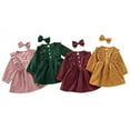 thumbnail image 2 of Styles I Love Toddler Girls Buttons Ruffle Long Sleeve Solid Corduroy Dress with Bow Hair Clip 2pcs Fall Winter Dressy Outfit (Olive, 5T), 2 of 5