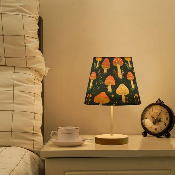 Yayeee Mini Table Lamp 10.8" Dimmable with Fabric Shade 3 Color Temperatures, Black Mushroom Pattern