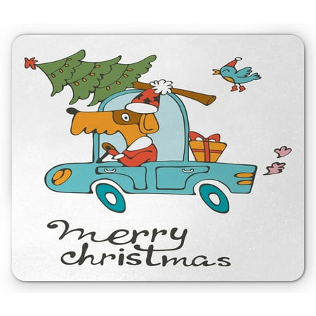 Birds Nest In Christmas Tree Christmas Mouse Pad, Blue Vintage Car Dog Driving Santa Costume Bird Tree Gift Present, Rectangle Non-Slip Rubber Mousepad, White Multicolor, by Ambesonne ()