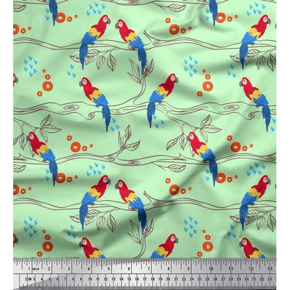 Soimoi Polyester Crepe Fabric Branches,Leaves & Macaw Parrot Bird Print Fabric by The Yard 42 Inch Wide