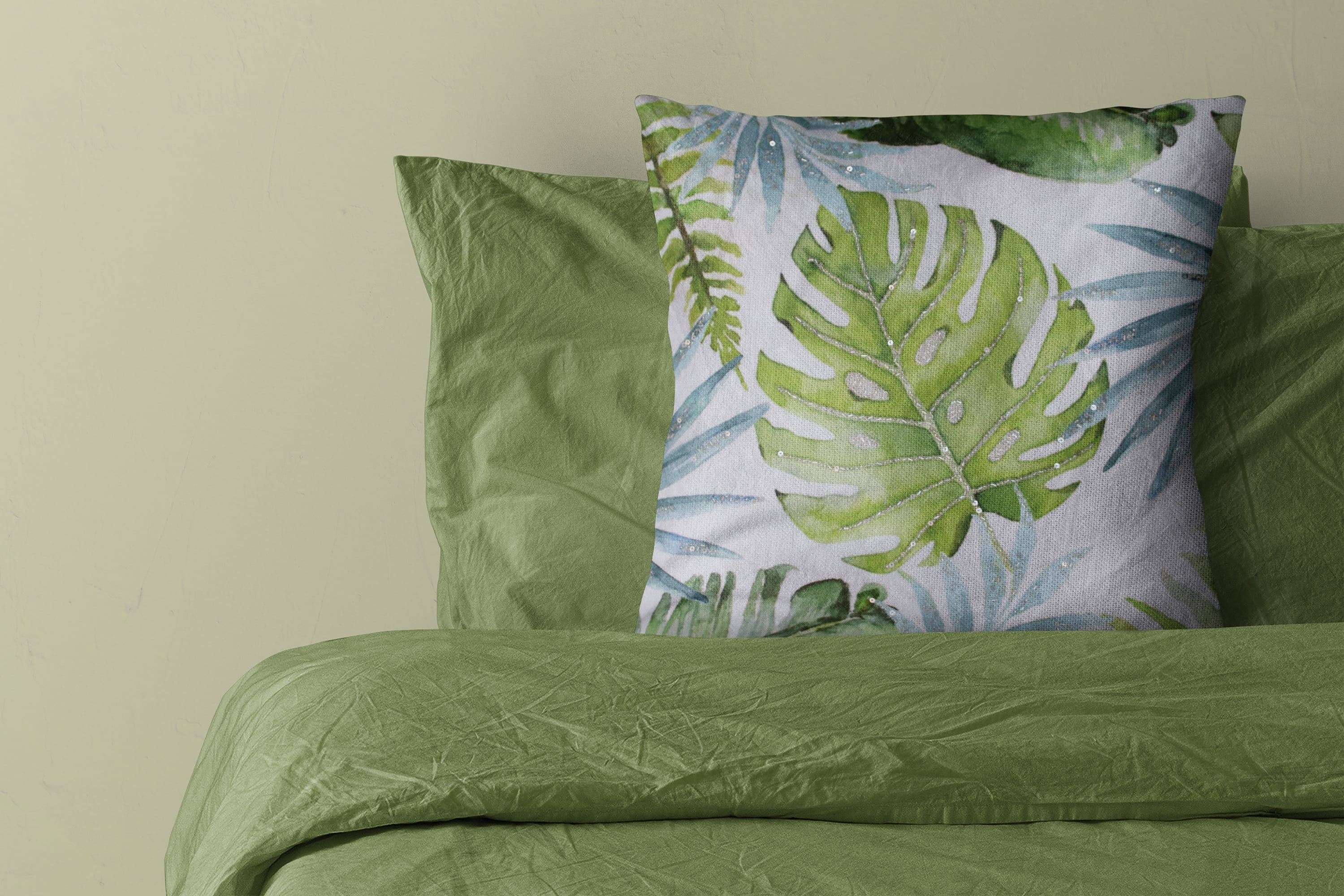 Pauline Hand-Woven Tropical Leaves Polyester Throw Pillow, Green/Blue, 20" x 20", Count per Pack 1