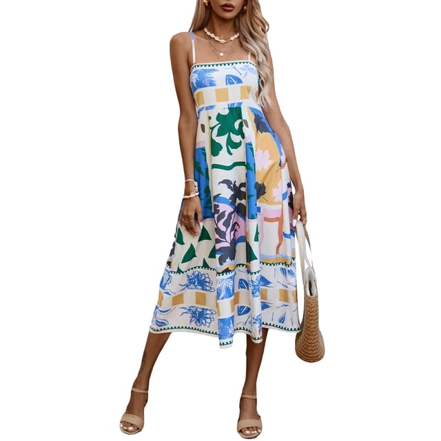 Mialoley Robe d'Été Décontractée pour Femmes Robe Ligne A Imprimée Bretelles Spaghetti Dos Nu Robe Midi Mode Sans Manches Robe Cami