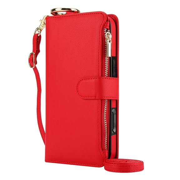 Dteck Crossbody Wallet Case for Samsung Galaxy S25 FE, Soft PU Leather Case with RFID Blocking Card Holder, Wristlet & Shoulder Strap, Zipper Purse for Women Men,Red