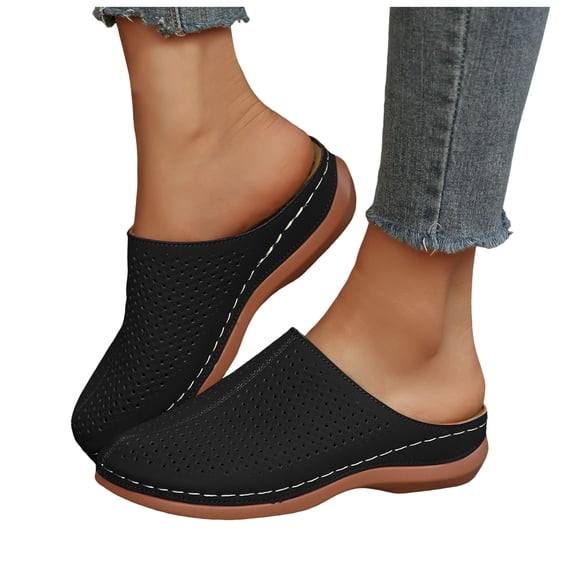 Rokment Orthopedic Clogs and Mules for Women 2026 Beach Summer Comfortable Breathable Leather Closed Toe Platform Wedges Half Slippers Walking Nursing Dress Slides Sandals Black Size 6.5