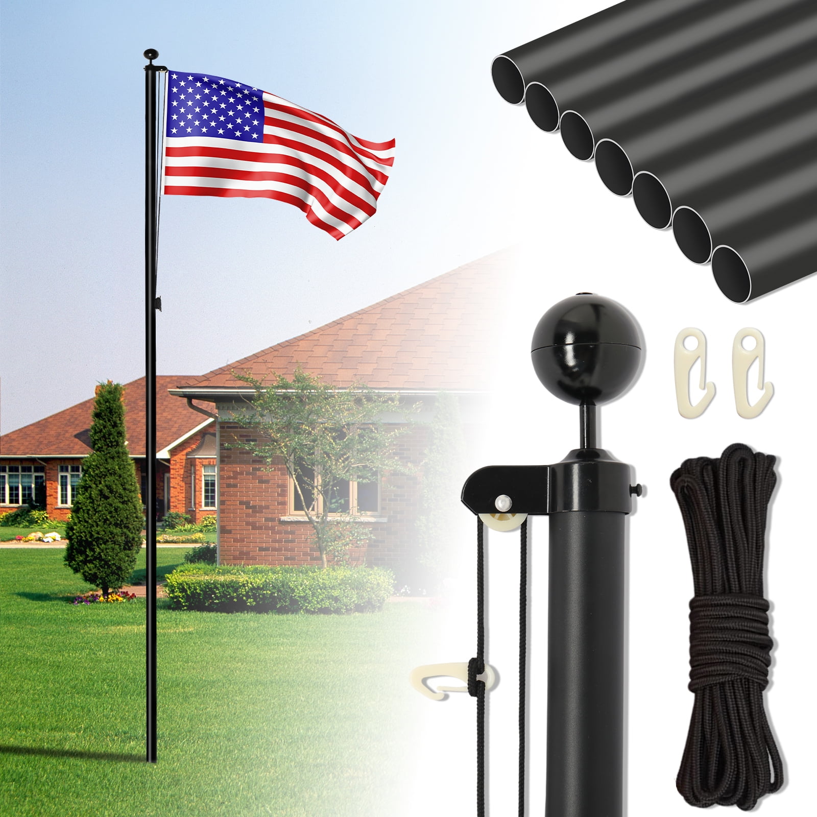 UBesGoo 20ft Flag Pole Kit Sectional Halyard Pole US Outdoor Decoration Black